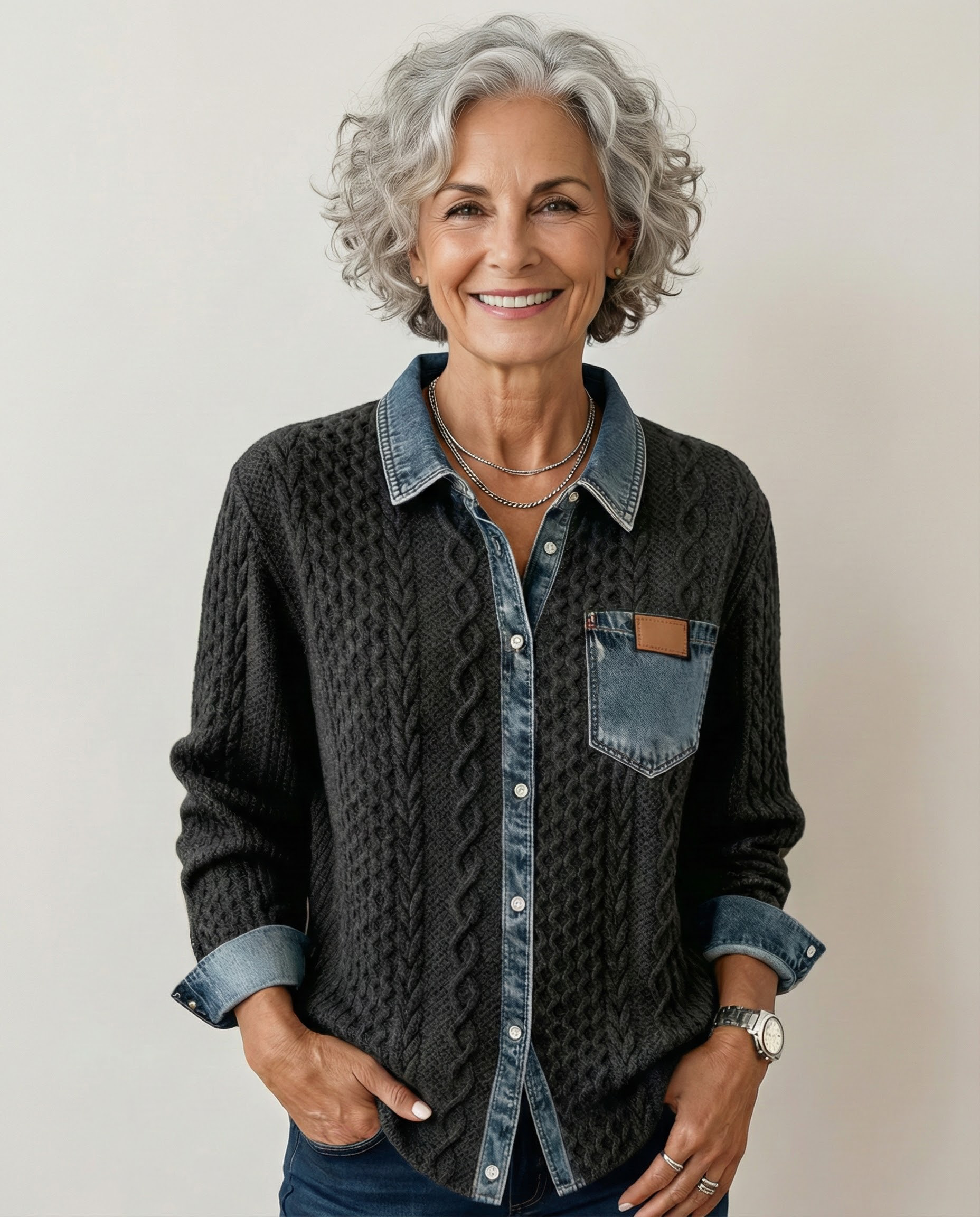 Lina - Long-Sleeve Shirt with Denim Patchwork