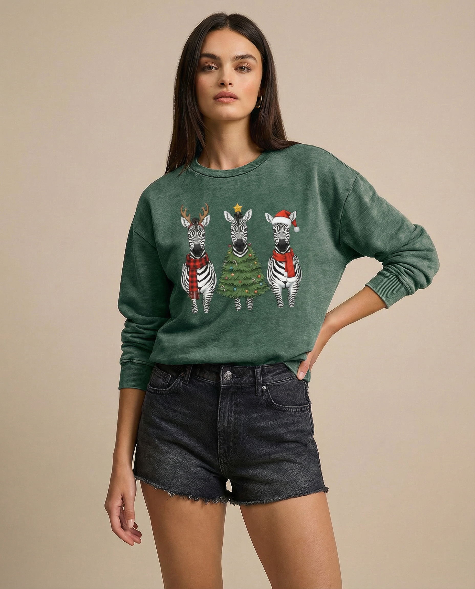 Christmas Zebra Print Casual Cotton Sweatshirt