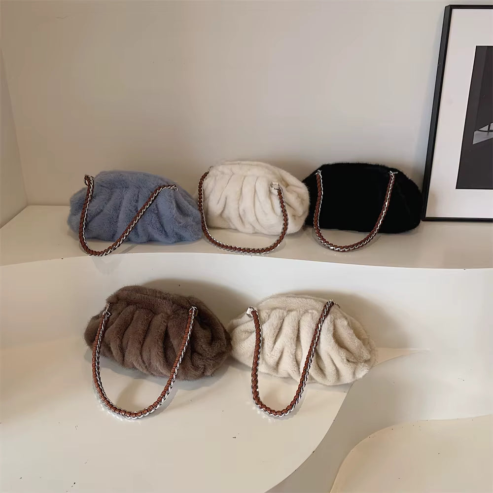Evelyn | Pleated Faux Fur Shoulder Bag