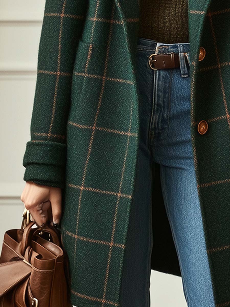 Lynn - Retro Lapel Plaid Tweed Coat